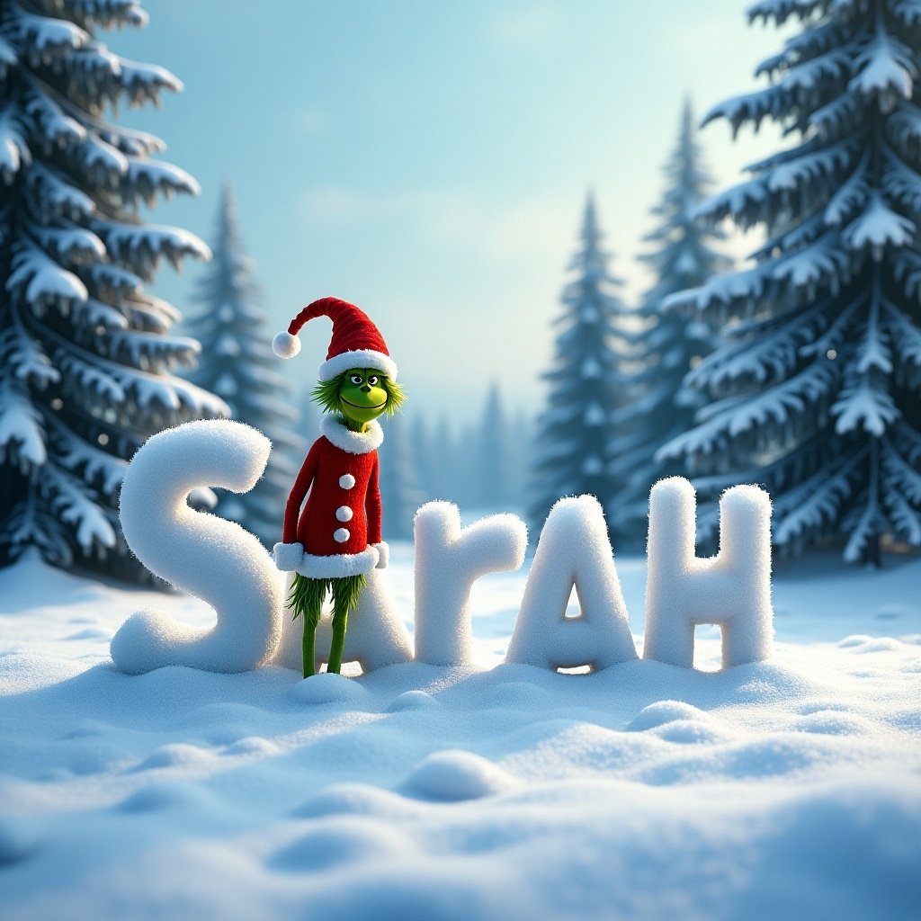 Grinch character in a snowy setting. The Grinch wears a Santa hat and stands beside the name 'Sarah' written in the snow. The background features snow-covered trees and bright winter scenery.