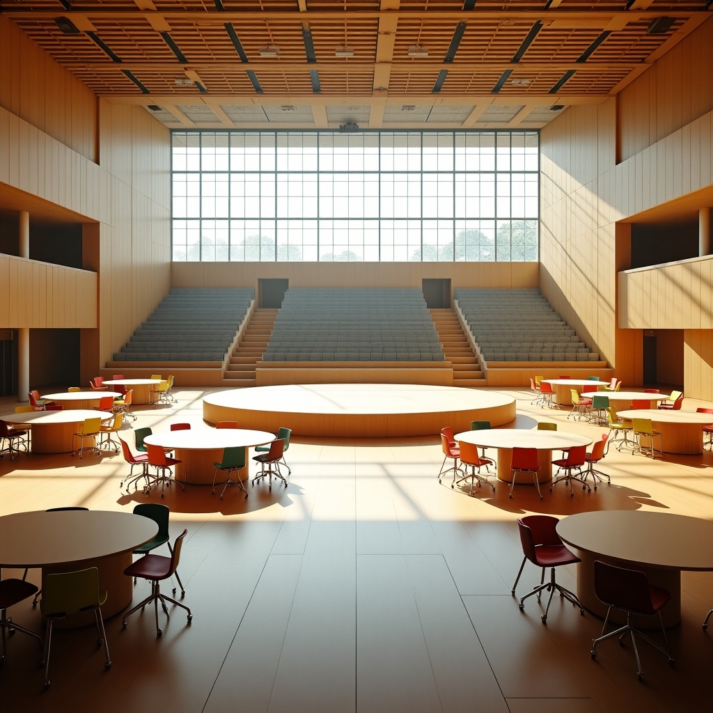 Spacious modern hall with large windows. Sunlight creates a warm atmosphere. Circular and rectangular tables arranged for an event. Colorful chairs surround tables. Central circular stage for performances. Open airy feel with natural lighting and clean lines. Stadium seats in the background for large audience.