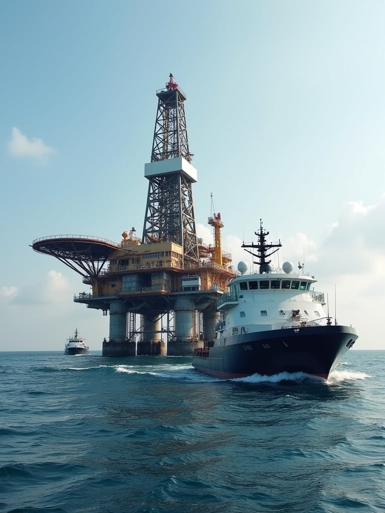 Image of an oil rig located offshore with marine vessels nearby. The scene shows an oil drilling platform towering over the sea. A commercial ship approaches the platform, while another vessel is seen in the background.