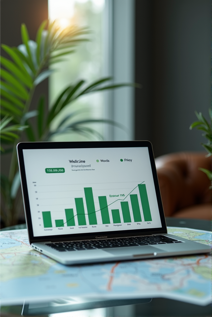 A laptop displaying a bar graph with increasing data trends, placed on a map-covered table with plants in the background.