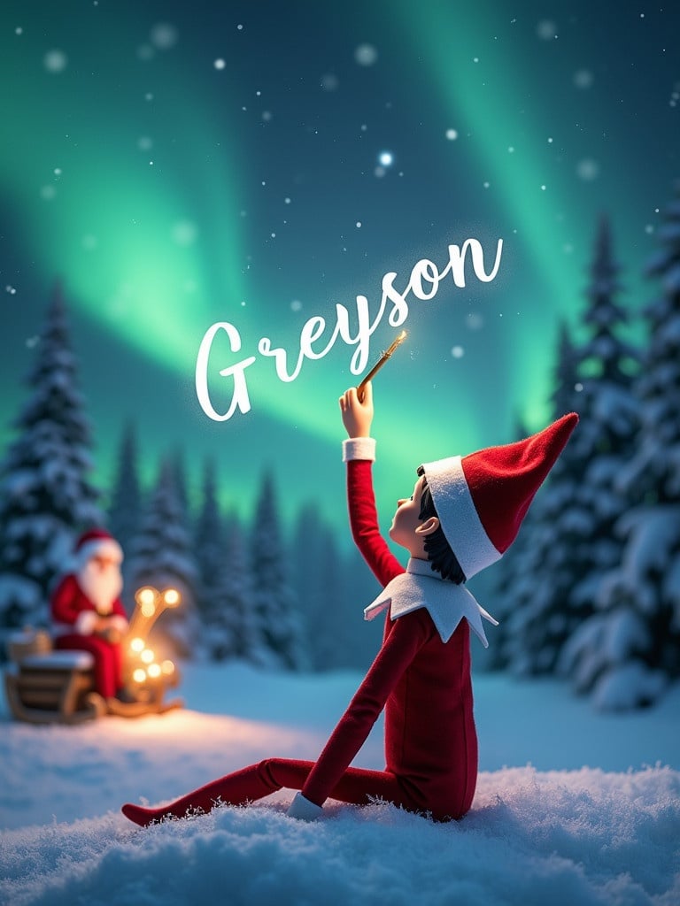 A magical Christmas scene showcases an elf on the shelf with its back turned. The elf admires the night sky while using a wand to write 'Greyson'. Gorgeous northern lights create a whimsical background and Santa Claus is seen in the distance. Snow blankets the ground, enhancing the serene winter atmosphere.