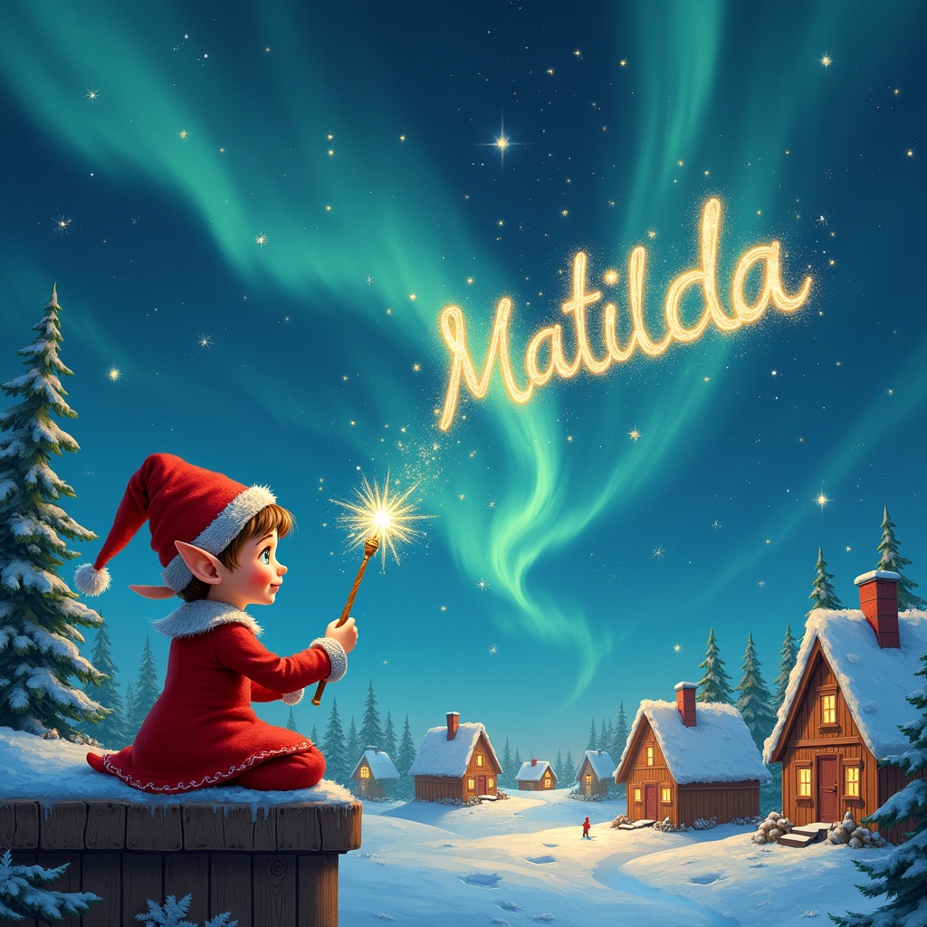 An elf with a pointed hat sits on a wooden ledge, facing away and gazing up at a magical, starry sky. Dressed in a vibrant red outfit, the elf holds a sparkling wand aloft. With a flourish, the elf writes 'Matilda' in glowing letters across the night sky, surrounded by shimmering Northern Lights. The backdrop features charming cottages blanketed in snow beneath tall evergreen trees. This enchanting scene radiates the joy of childhood fantasies and Christmas delights. Additional names 'Natasha' and 'Ada' appear as the elf continues to spread magic through the night sky.