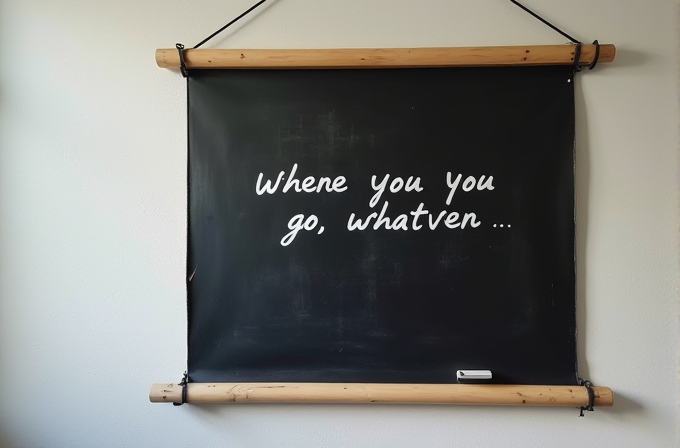 A chalkboard with wooden edges displaying the words 'Where you you go, whatver ...' in white lettering.