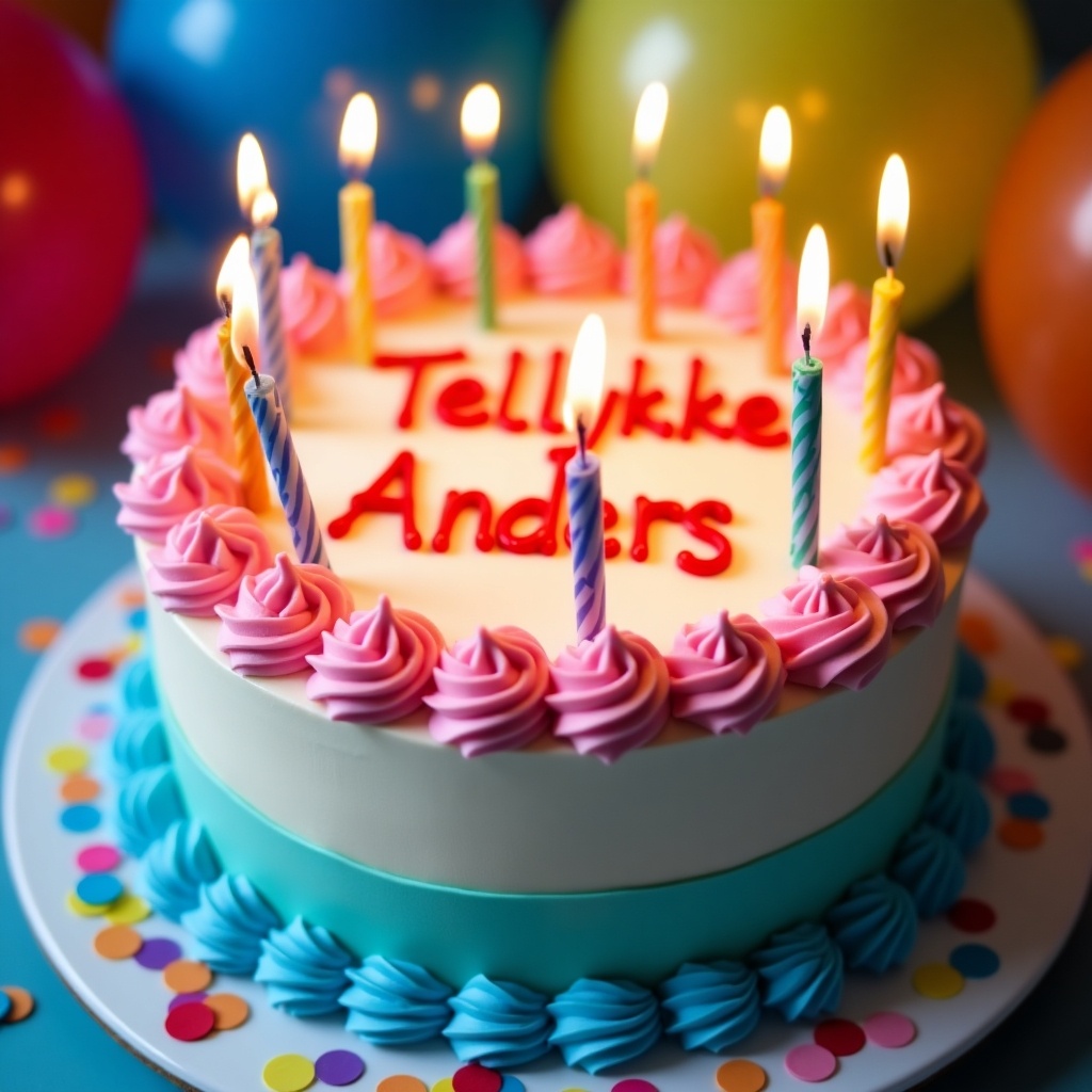 This image features a beautifully decorated birthday cake with multiple lit candles on top. The cake showcases a light-colored frosting adorned with bright pink swirls and a blue base. Colorful balloons and confetti enhance the festive atmosphere surrounding the cake. The name 'Tellykke Anders' is written prominently in red icing, adding a personal touch. This vibrant setting is perfect for a joyful birthday celebration or party. It captures the essence of fun and happiness typical of such occasions.