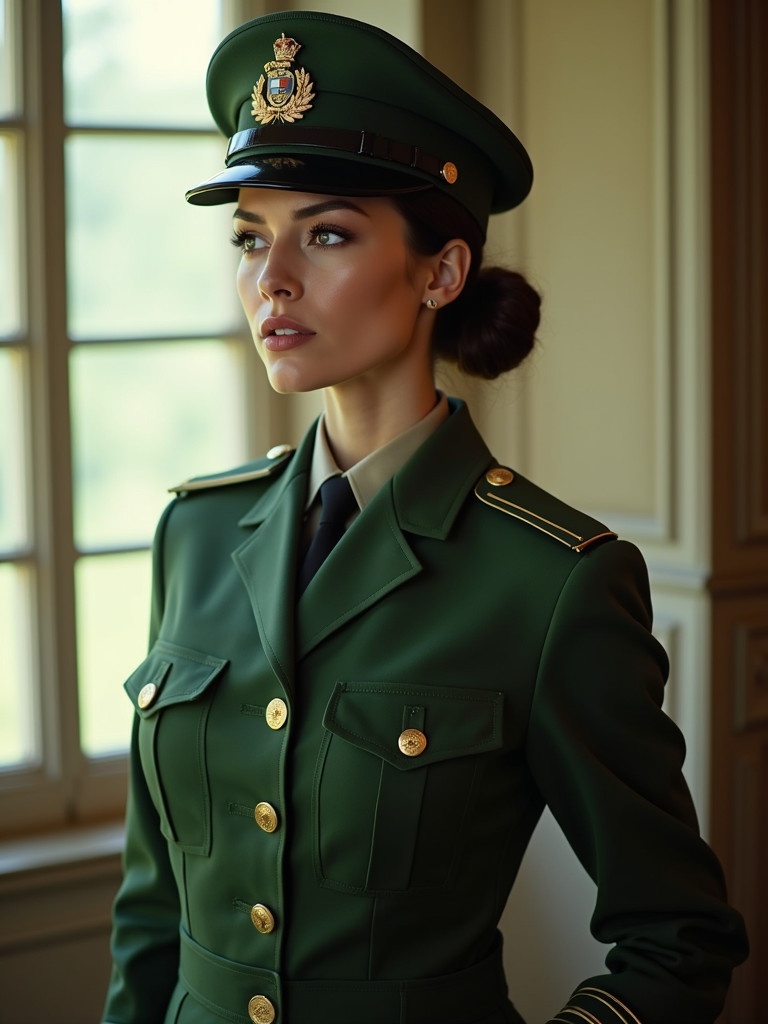 A woman in a green military-style uniform with a cap stands indoors near a window. The image captures a blend of authority and style.