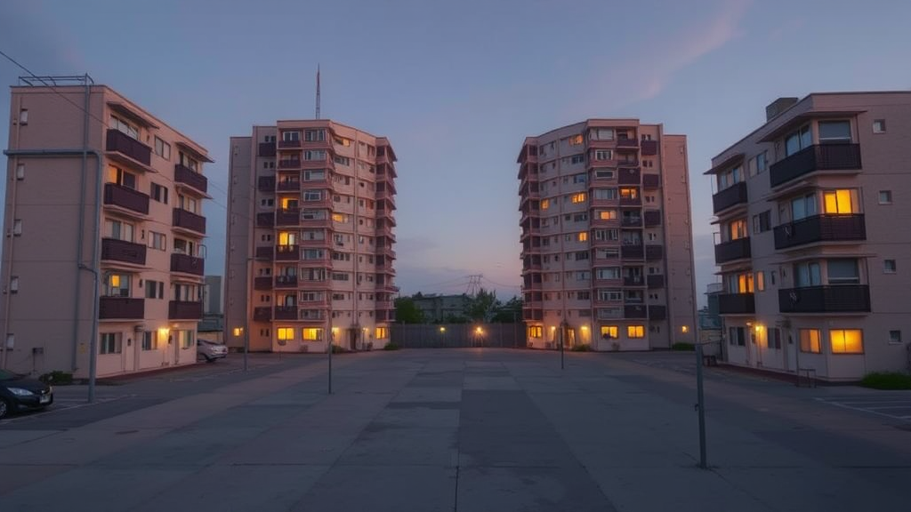 A courtyard with four apartment buildings at dusk, with some windows lit up.