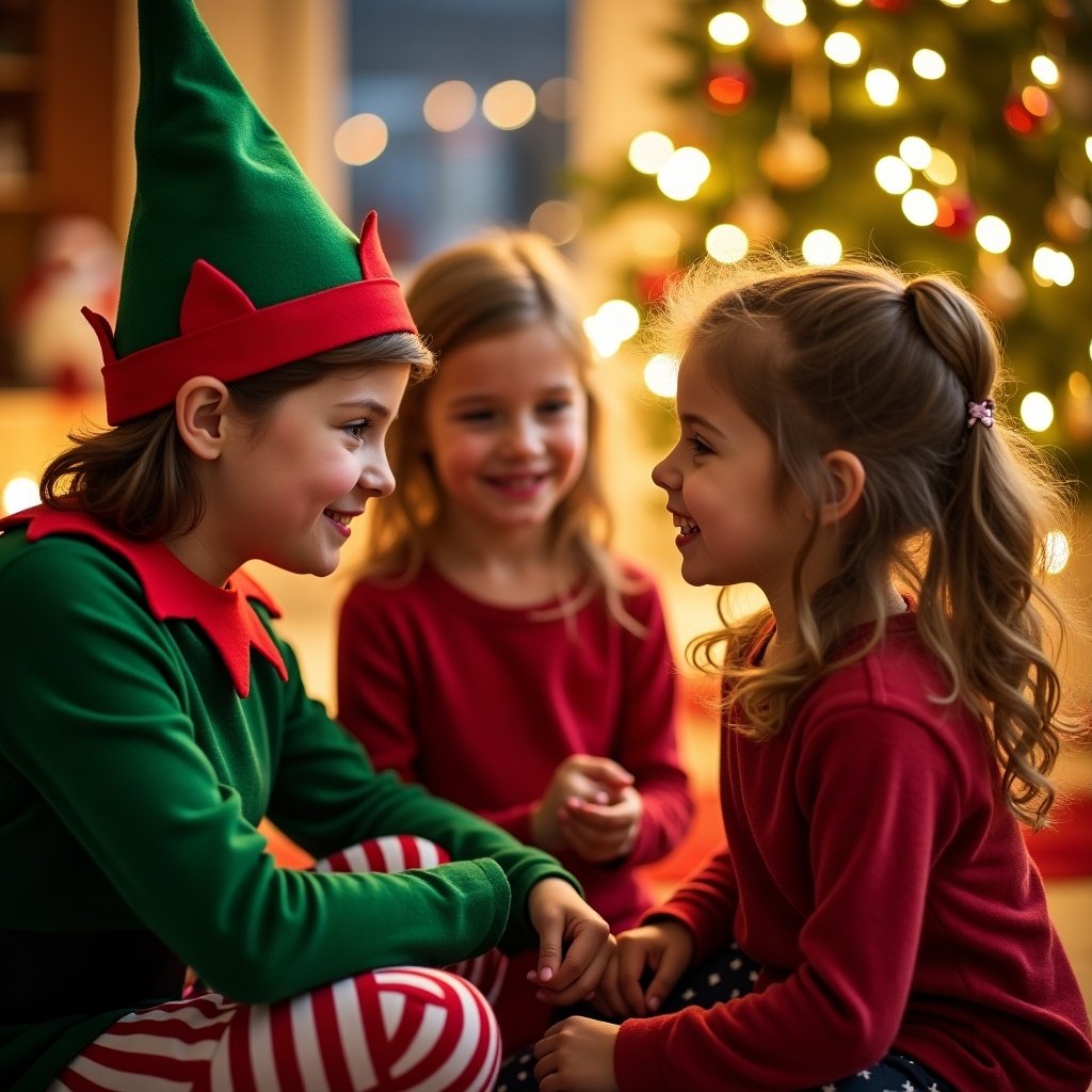 Two young girls interact joyfully with an elf friend in a festive setting. Christmas tree adorned in the background. Elf wears green outfit with red and white striped skirt. Soft glow of lights adds to the cozy atmosphere. The moment captures holiday magic and playful engagement.