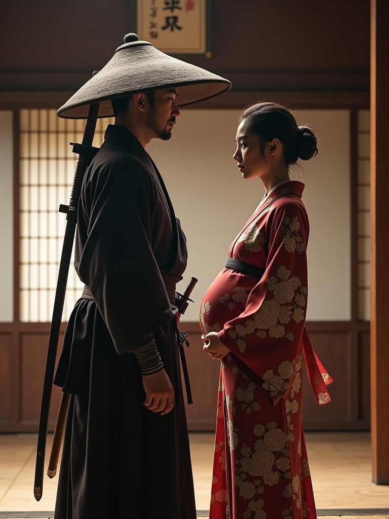 A full-body depiction of a male samurai in a traditional setting. He wears a JIC suit and a large hat. A samurai sword is on his back. His pregnant wife stands beside him in a kimono. The scene is inside a traditional Japanese house with wooden elements and sliding doors. The lighting enhances realism and captures their emotions with detailed textures.