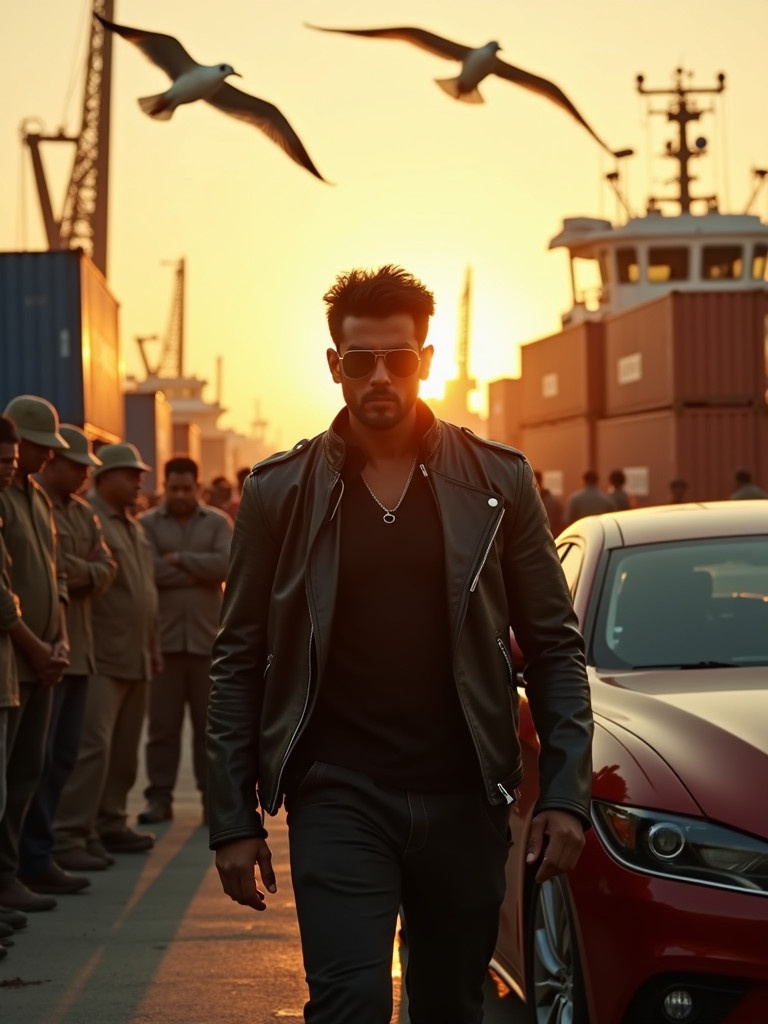 Powerful scene at a bustling harbor at twilight. A figure in a sleek leather jacket exits a luxury car, exuding charisma and command. Sharp features highlighted by the golden hues of sunset. Dockworkers pause to stare, loyal crew forms a protective semicircle. Cargo ships and containers create a gritty backdrop, seagulls circle overhead.