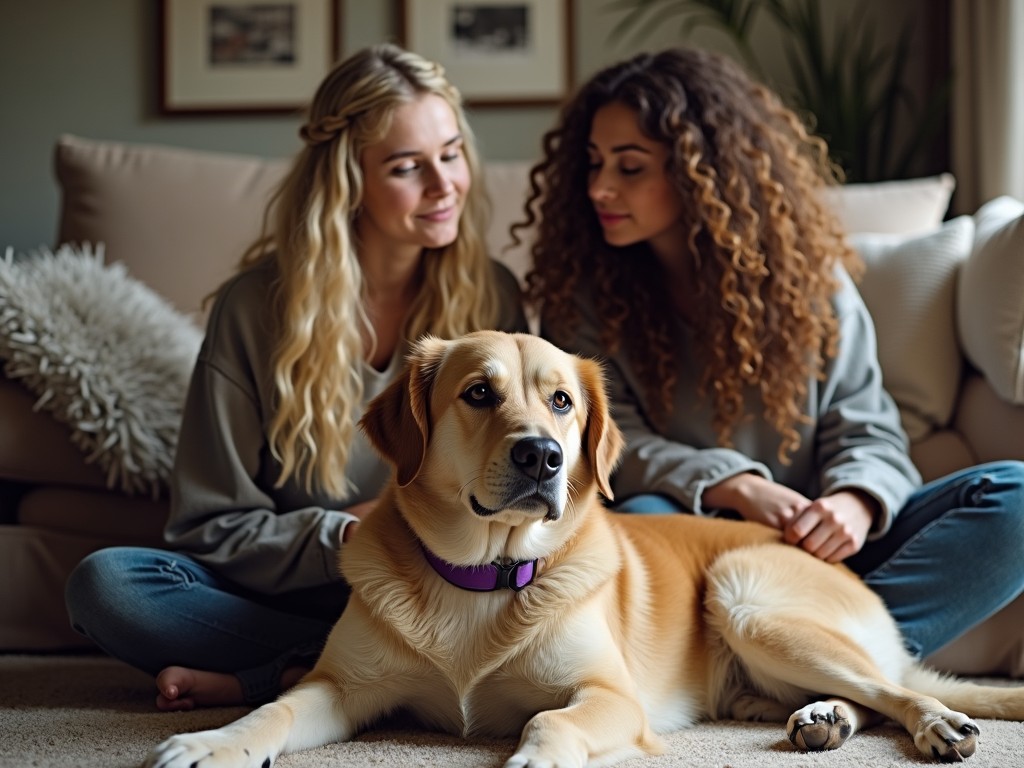 In a cozy living room setting, two college girls are sitting on a sofa. One girl has long blonde hair styled in a braid, wearing comfortable streetwear. The other girl has long curly brown hair with a grunge vibe, both engaging with their big dog. The dog, a light-colored breed with a purple collar, is lying on the floor, panting happily. The warm atmosphere of the room is complemented by soft natural lighting, creating a relaxed environment for friendship and pet companionship.