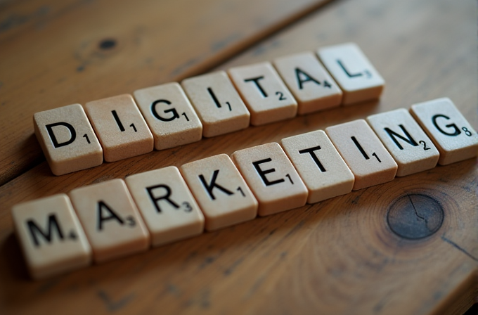 Wooden letter tiles spell out 'DIGITAL MARKETING' on a wooden table.