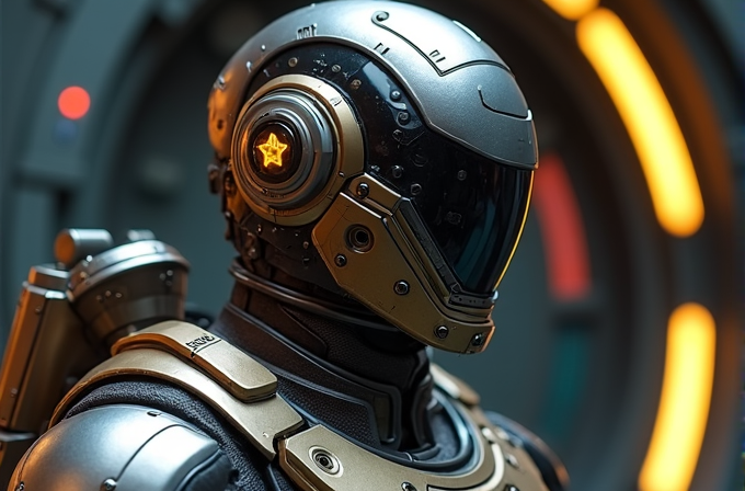 A person wearing a high-tech, futuristic space suit with a sleek helmet and glowing elements.