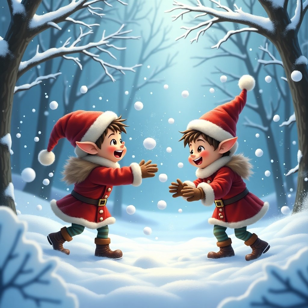 Two joyful elves in red costumes play in the snow. Soft light illuminates a winter forest. Snowflakes fall gently around them. They have big smiles and are throwing snowballs.