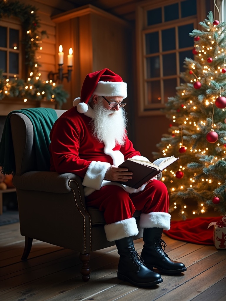 Santa Claus sits on a chair. He reads a book. A Christmas tree glows nearby. The room is cozy and rustic. Decorative lights twinkle. Santa wears red and white attire. Warm light fills the space.