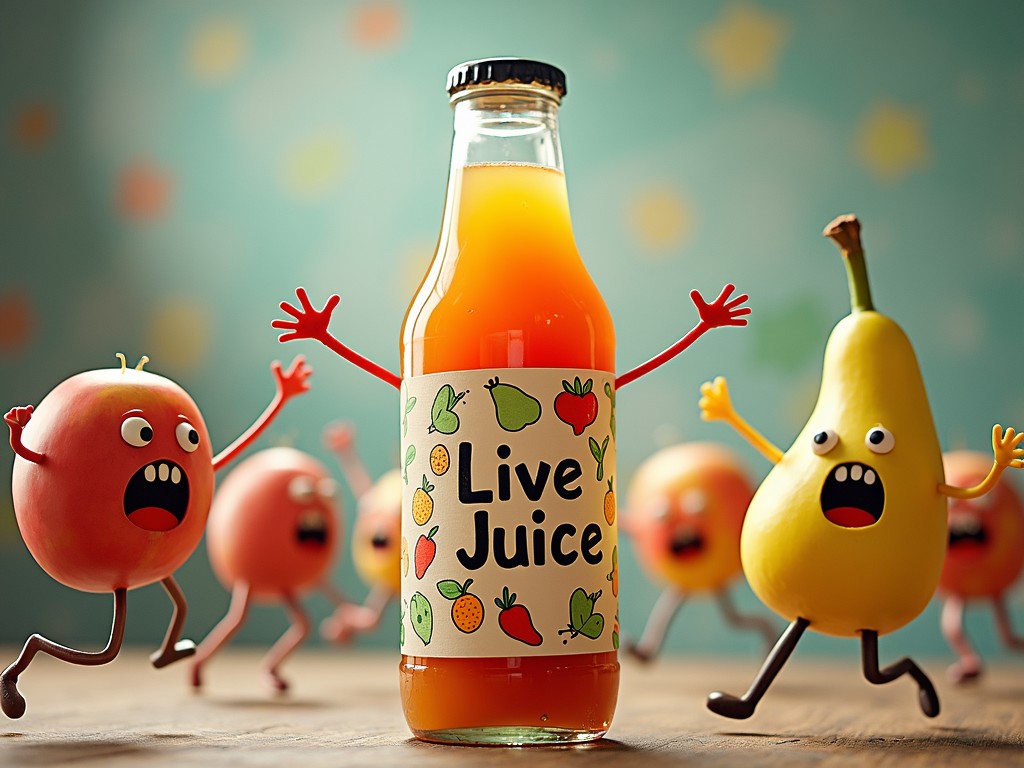 The image showcases a playful scene with anthropomorphic fruits, such as apples and a pear, expressing alarm and surprise around a bottle labeled 'Live Juice.' The fruits have cartoon-like arms and mouths, adding to the humorous and lively atmosphere. The setting is colorful with a blurred background dotted with stars, enhancing the whimsical mood.