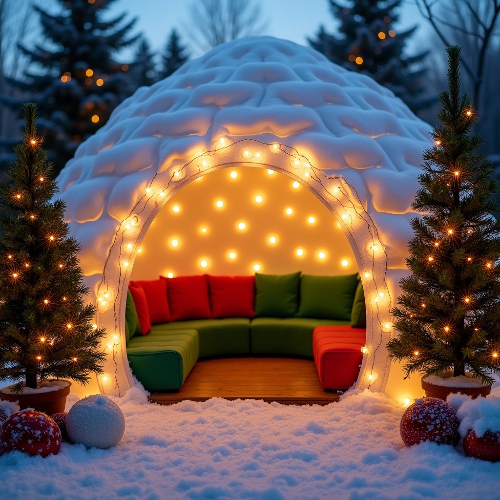 Cozy outdoor igloo structure adorned with warm string lights. Inside vibrant green and red seating invites relaxation. Two small Christmas trees flanking the igloo enhance the festive vibe. Captured at twilight for a serene enchanting glow. Ideal for holiday gatherings celebrations outdoors.