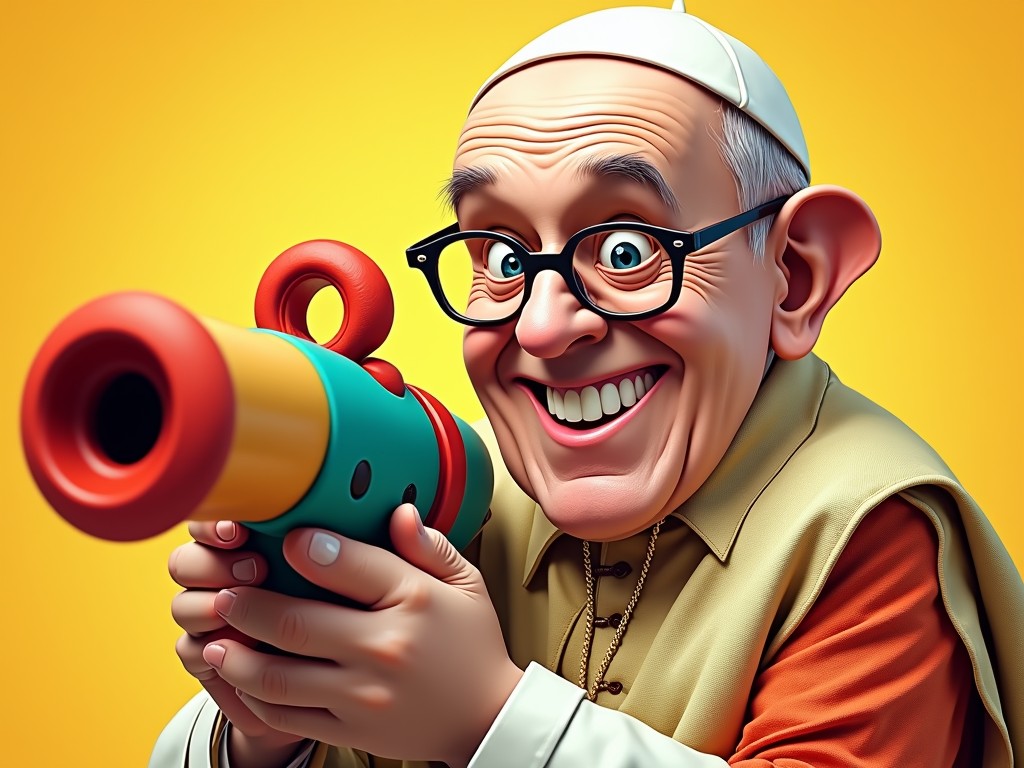 The image depicts a cartoon caricature of an elder person in religious attire, joyfully holding a colorful toy cannon. The exaggerated features, such as a wide grin and oversized glasses, add a humorous and whimsical touch. The background is a solid, bright yellow, enhancing the vibrant and playful theme of the image.