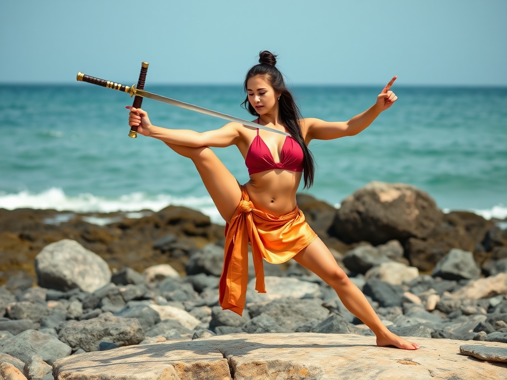 A woman in a dynamic martial arts pose stands on a rocky shoreline. She wears a red bikini top and an orange sash, holding a sword aloft. The ocean waves crash behind her, adding a sense of motion and energy to the scene.