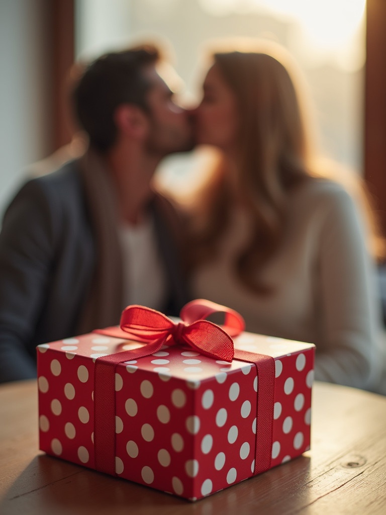 A festive gift card with red polka dots takes center stage. A couple shares a kiss in the background. Romantic atmosphere with warm lighting. Focus on the gift box.