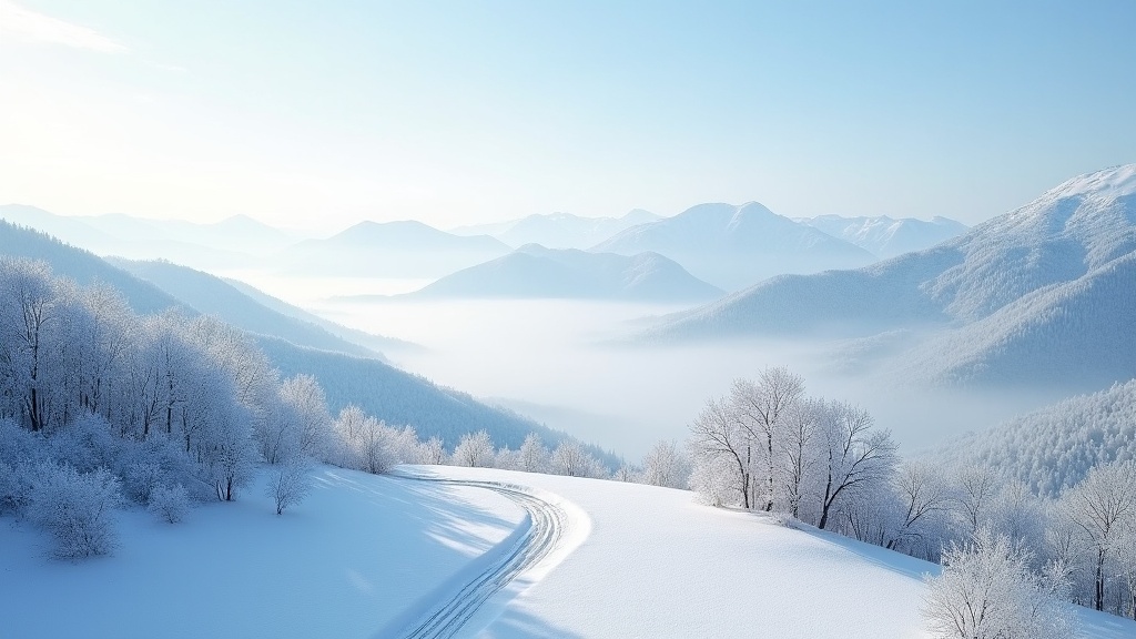 This image captures the enchanting beauty of the first snow in Jiangnan. Soft snowflakes gently float down, blanketing the landscape in white. The layers of mountains are beautifully dyed white, offering a stunning view. The ethereal soft light enhances the serene atmosphere of the scene. This tranquil winter wonderland evokes feelings of peace and calmness, perfect for showcasing the beauty of nature in winter.