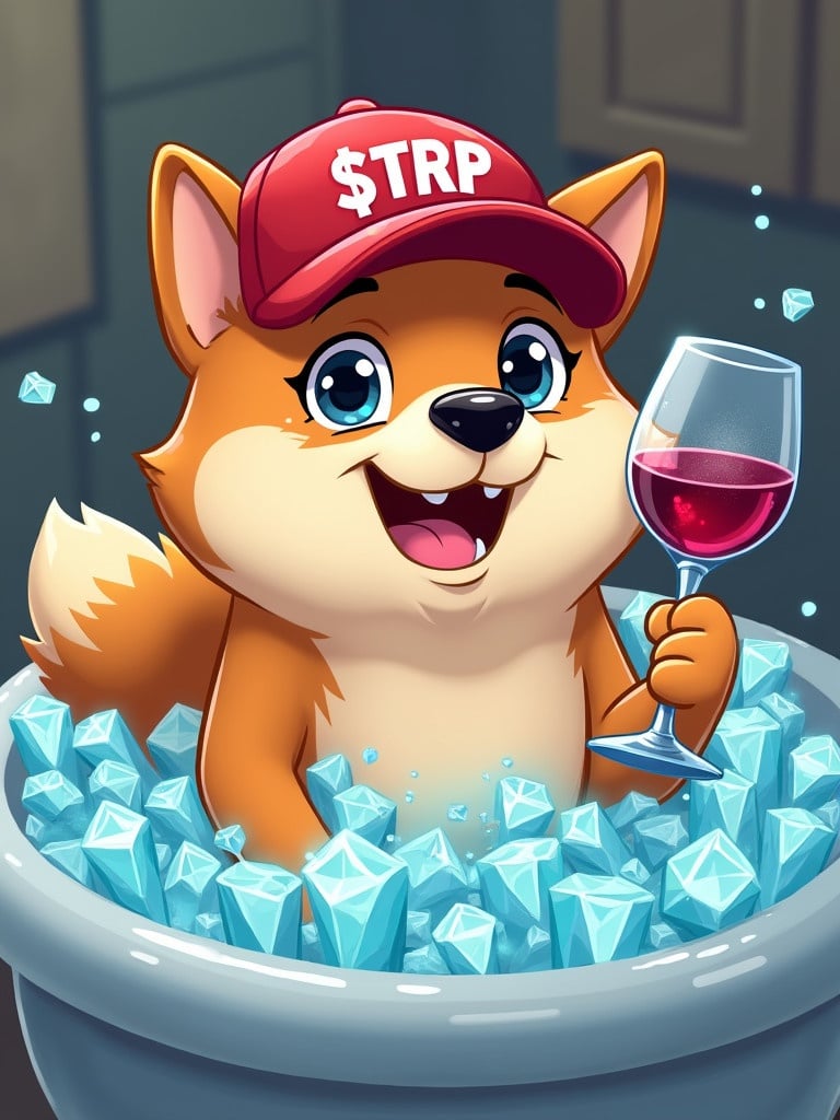 Shiba dog character in a luxurious bathtub filled with ice and diamond crystals. The dog is wearing a red baseball cap and holding a wine glass. Character is smiling and has sparkling diamond teeth.