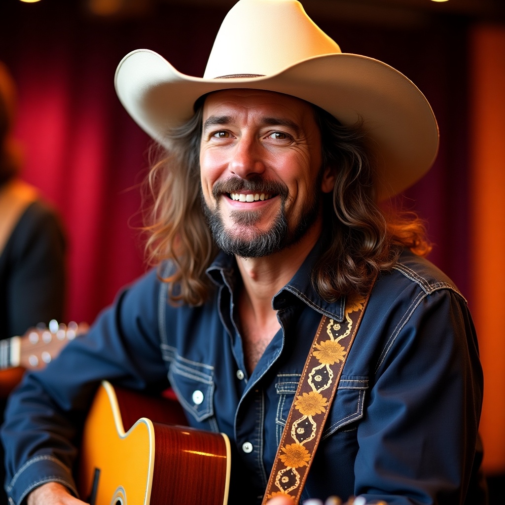 A charismatic cowboy musician sits with an acoustic guitar, showcasing his warm smile and inviting demeanor. He's wearing a classic cowboy hat and a blue denim shirt, enhancing the traditional country vibe. The background is softly lit with warm tones, creating a cozy atmosphere. His long hair flows, and he exudes confidence and charm. This image captures the spirit of country music and its cultural roots, making it perfect for any related promotional material.