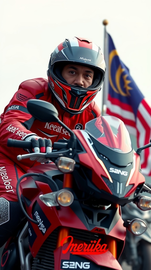 The image features a motorcycle rider wearing a red and black helmet and jacket, with a Malaysian flag prominently displayed in the background. The rider is poised on a sleek, red motorcycle with modern design elements. The scene conveys a sense of pride and readiness, highlighting the blending of racing culture with national identity.