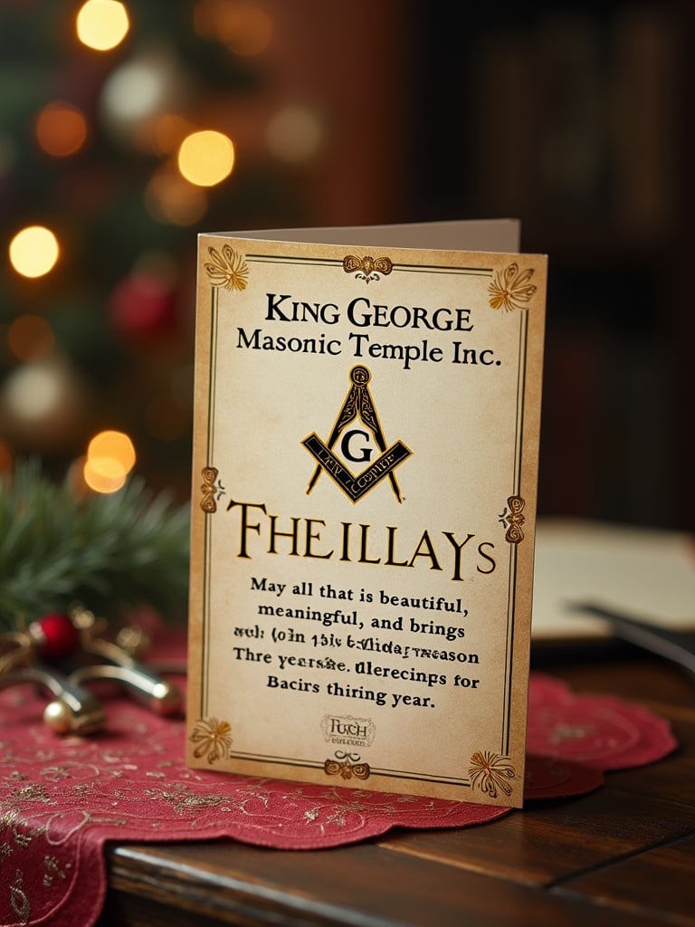 A vintage-style holiday greeting card features King George Masonic Temple Inc. in gold text. The Masonic square and compass is prominently displayed. The card includes festive elements and text wishing joy for the holiday season.