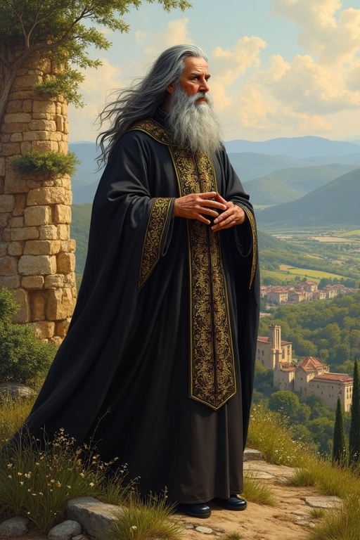 An old priest stands on a hill. The priest has long grey black hair. The priest is dressed in a ceremonial robe. The priest looks stern and wise. The background shows southern France with hills and buildings.