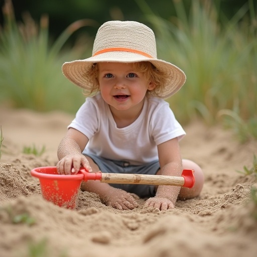 A little girl plays in a sandbox. She holds a small red shovel. Sandy ground around her. Background features green grass and blurred natural elements. The scene captures joyful exploration.