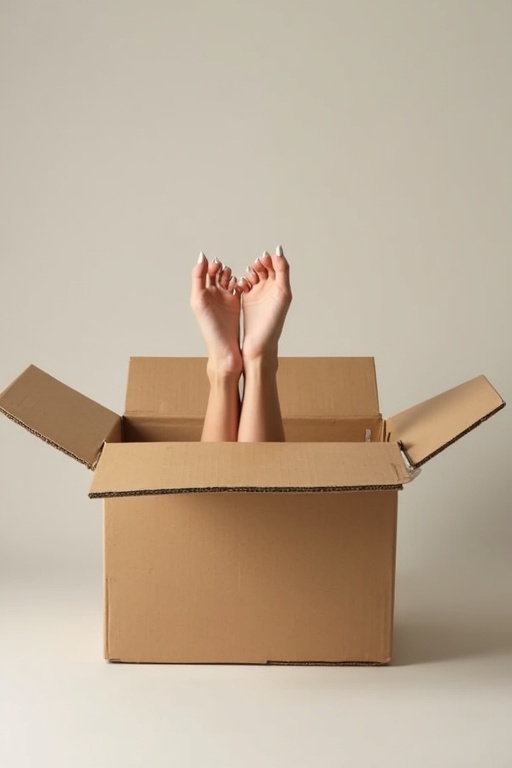 Female hands with white nail polish reaching out from a large open cardboard box. Background is neutral and simple.