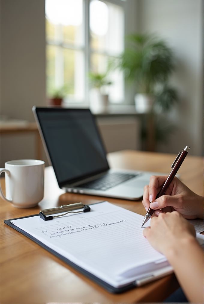 A person writes on a notepad in front of a laptop and coffee cup on a wooden desk, with a blurred background of indoor plants.