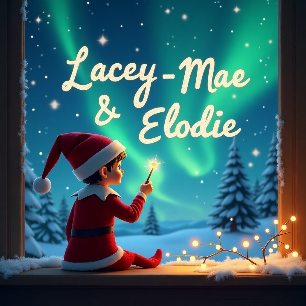 The image depicts an elf on the shelf sitting with their back to us, gazing at a breathtaking night sky illuminated by the northern lights. The elf is using a magical wand to elegantly write the names "Lacey-Mae" and "Elodie" in the sky, giving a whimsical and enchanting feel to the scene. In the background, the snowy landscape is dotted with pine trees, creating a cozy winter atmosphere. The soft glow from the elf's wand adds a warm touch to the cool colors of the night sky. This festive image embodies the spirit of Christmas and childhood wonder.