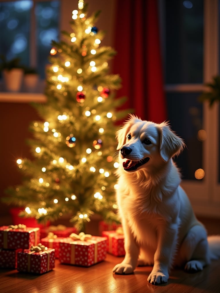 Shiny Christmas tree decorated with lights and ornaments. Happy dog with fluffy fur is sitting beside the tree. Wrapped Christmas presents are in front of the tree.