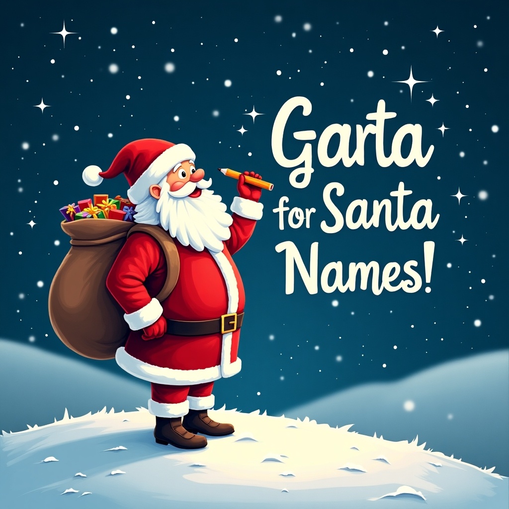 Santa Claus stands on a snowy hill. Night sky filled with stars. Holding a pencil and writing names. Traditional red and white suit. Large sack of gifts. Text says 'Garta for Santa Names!'.