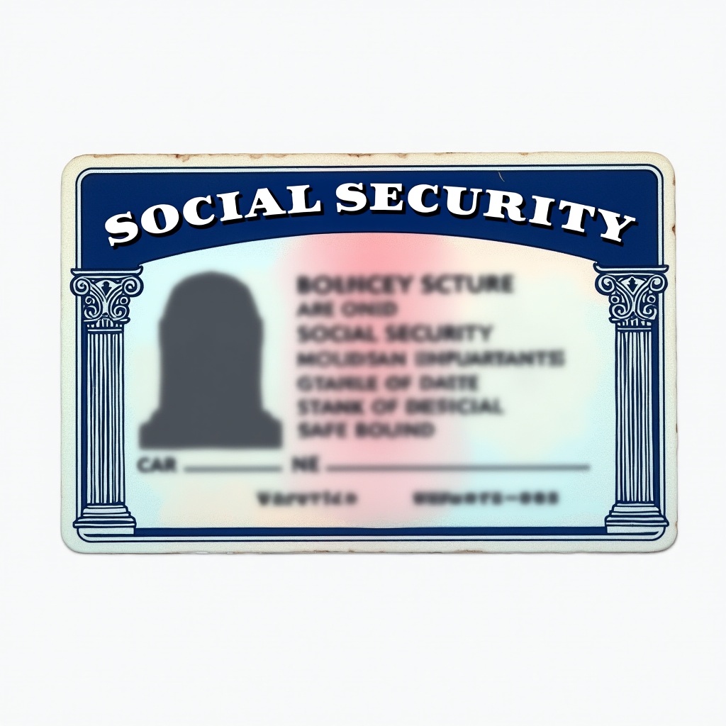 This image presents a Social Security card, a vital document used in the United States for identity verification. The card prominently displays the phrase 'Social Security' at the top, embodying its official function. Styled in blue, white, and red, it reflects the typical color scheme of U.S. government documents. The card showcases its essential design and structural elements in high resolution, making it easy to study. This depiction aids those looking to understand more about its format, usage, and significance.