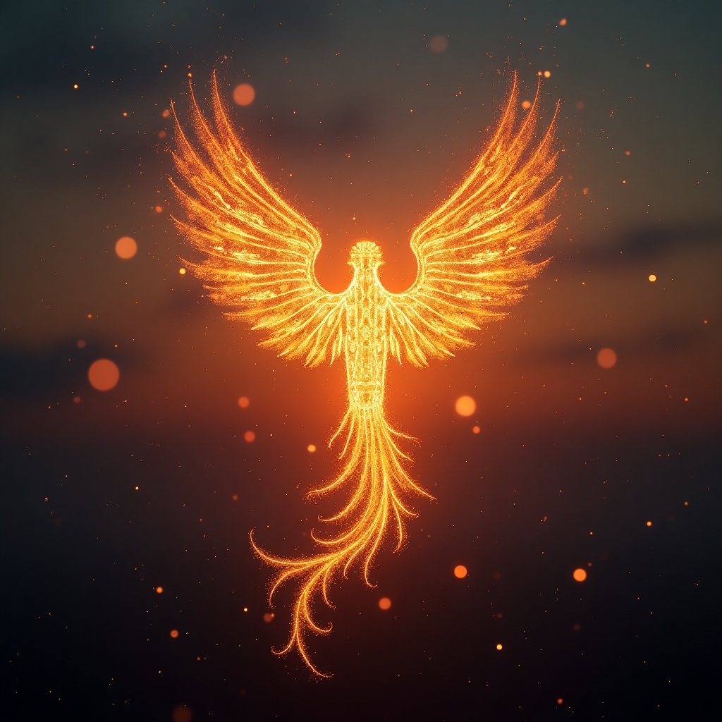 A phoenix with wings rising from dusk glow. Letters form I Love You Maram in majestic style. A blend of ancient wisdom and modern aspirations. Symbolizes resilience and hope in a magical setting.