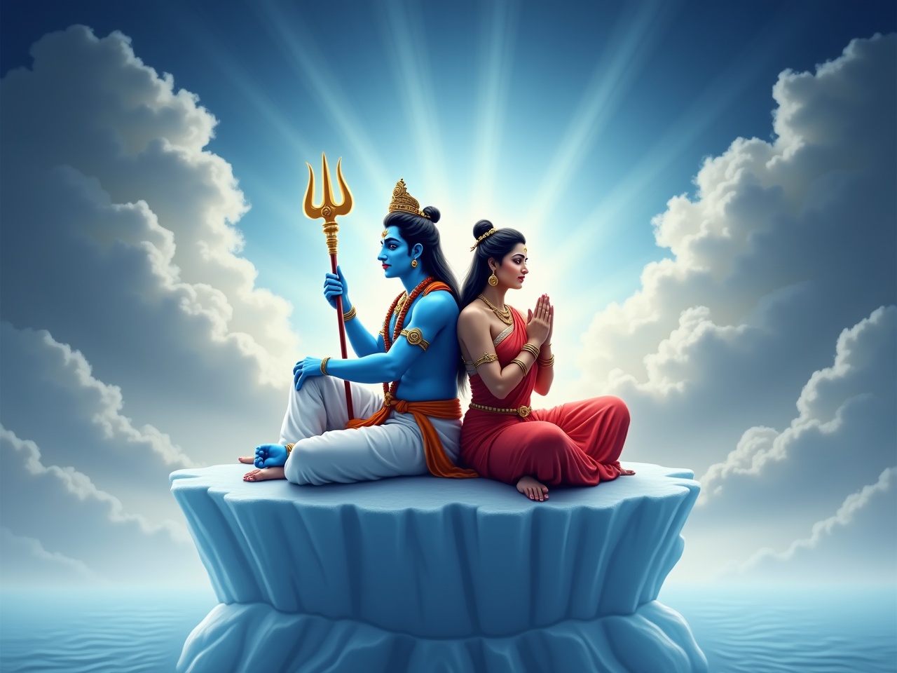 The image depicts two figures seated on a large ice block amidst clouds. One figure is a blue-skinned deity holding a trident, dressed in traditional attire. The other figure, a woman, is wearing a vibrant red sari and is posed gracefully beside the deity, with her hands pressed together in a gesture of respect. The background features a dramatic sky with swirling clouds, adding to the mystical atmosphere. The lighting casts a subtle glow on the figures, highlighting their attire and features. Overall, the scene conveys a sense of divinity and tranquility.