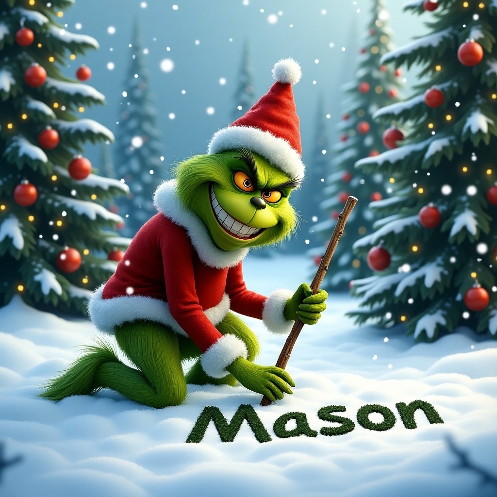 The Grinch is outside in a snowy winter scene. Christmas trees are around. The Grinch is writing 'Mason' in the snow.