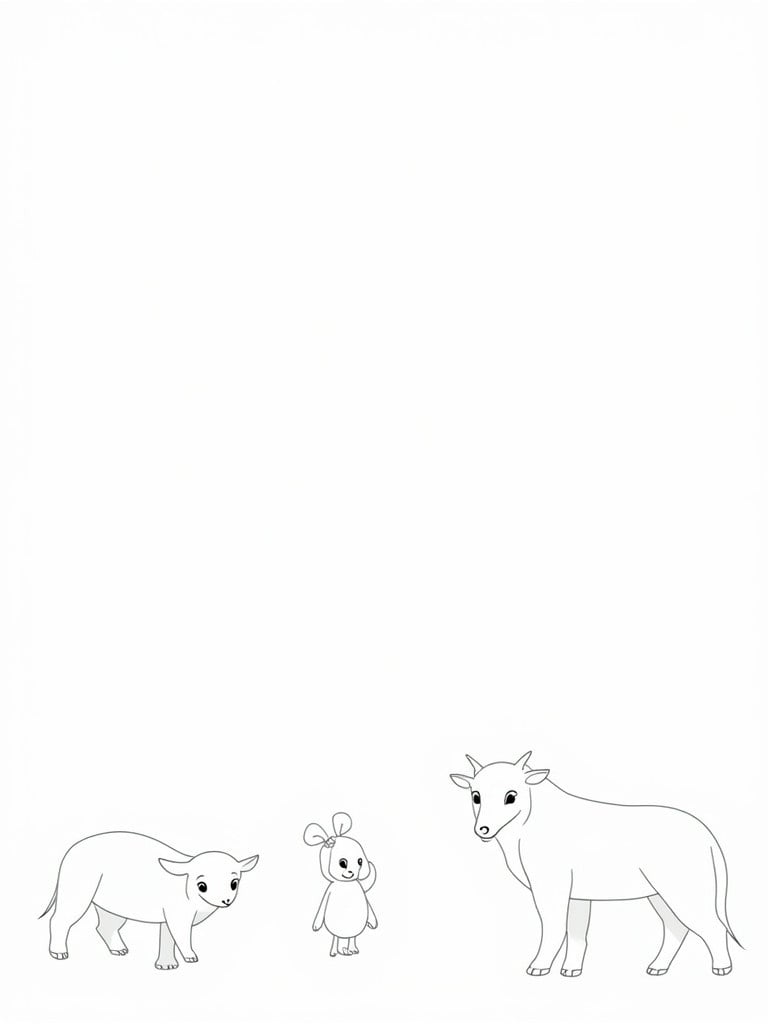 Coloring page of cute animals in the forest. Animals include sheep, bunny, and goat. Elements are clear with space around. Focused in the center for easy coloring. Bold lines and minimal details for fun.