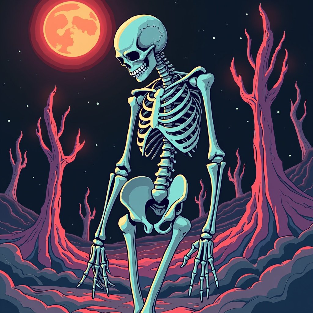 Depiction of a skeleton in a flat color style. Background features trees and a moon. Style resembles retro 1980s anime. The skeleton has an exaggerated physique and stands in a surreal landscape.