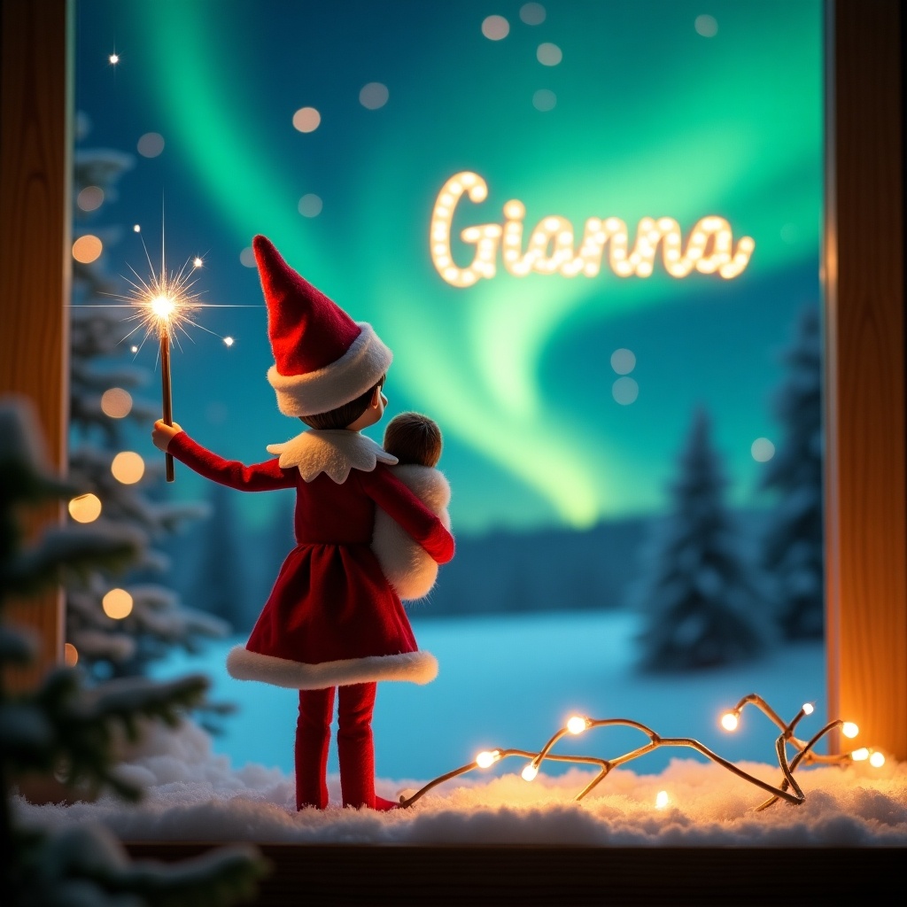 Enchanting Christmas scene featuring an elf on the shelf facing the sky. Elf dressed in red and white holding a baby and a magic wand. Vibrant northern lights in the background, with the name 'Gianna' in the sky. Whimsical and festive atmosphere. A sense of wonder and excitement for the holiday season.