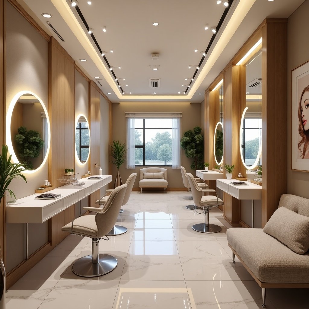 Modern beauty salon interior featuring stylish furniture, mirrors, and natural lighting. The layout includes comfortable seating and a clean aesthetic.