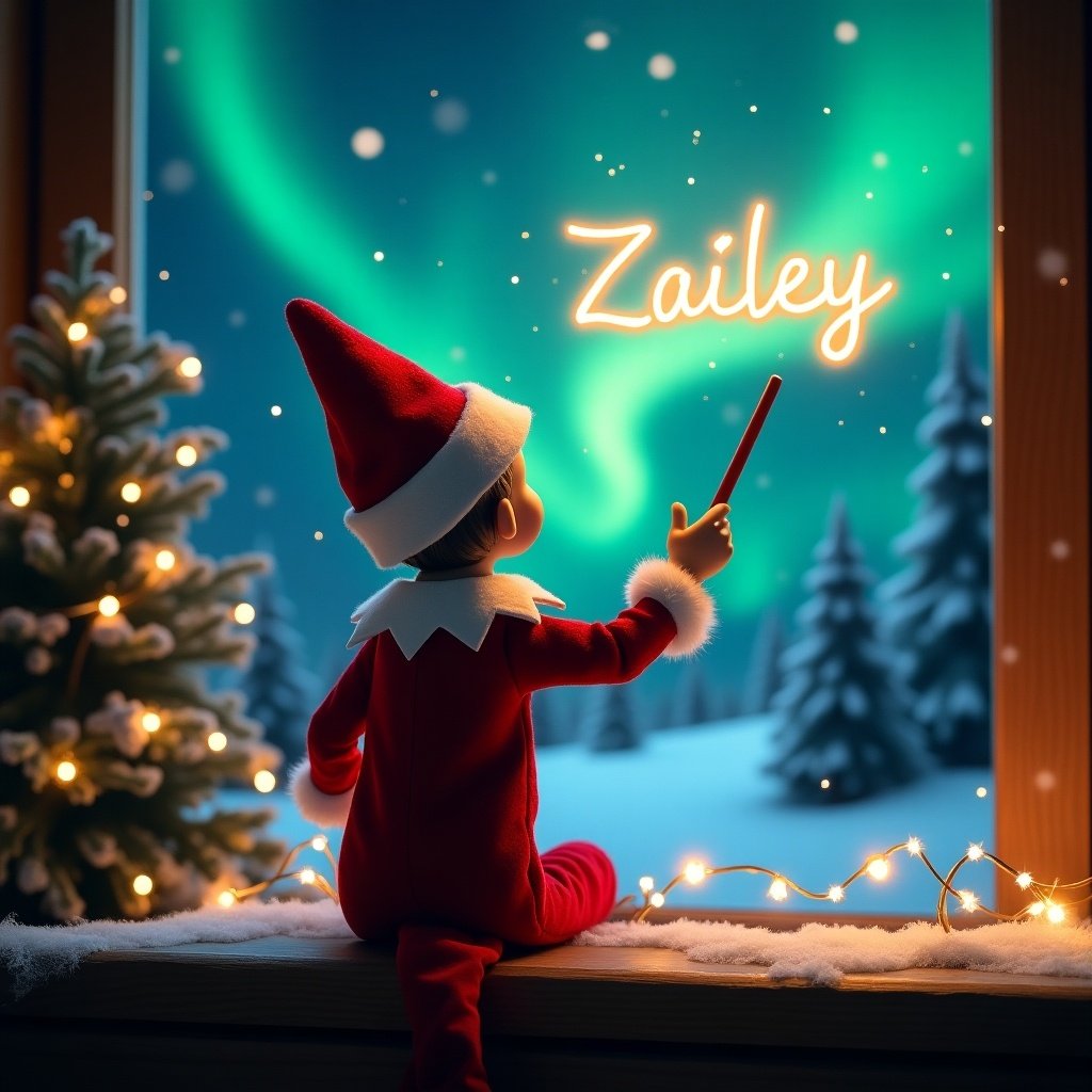 An enchanting Christmas scene featuring an elf on the shelf. The elf is dressed in a classic red and white outfit and is using a magic wand to write the name 'Zailey' in glowing letters above him. Behind the elf, vibrant northern lights illuminate the night sky, creating a magical atmosphere. The window is decorated with holiday lights and a snow-covered landscape outside. A nearby Christmas tree adds to the festive spirit, enhancing the whimsy of the scene. The overall image captures the essence of Christmas joy and wonder.