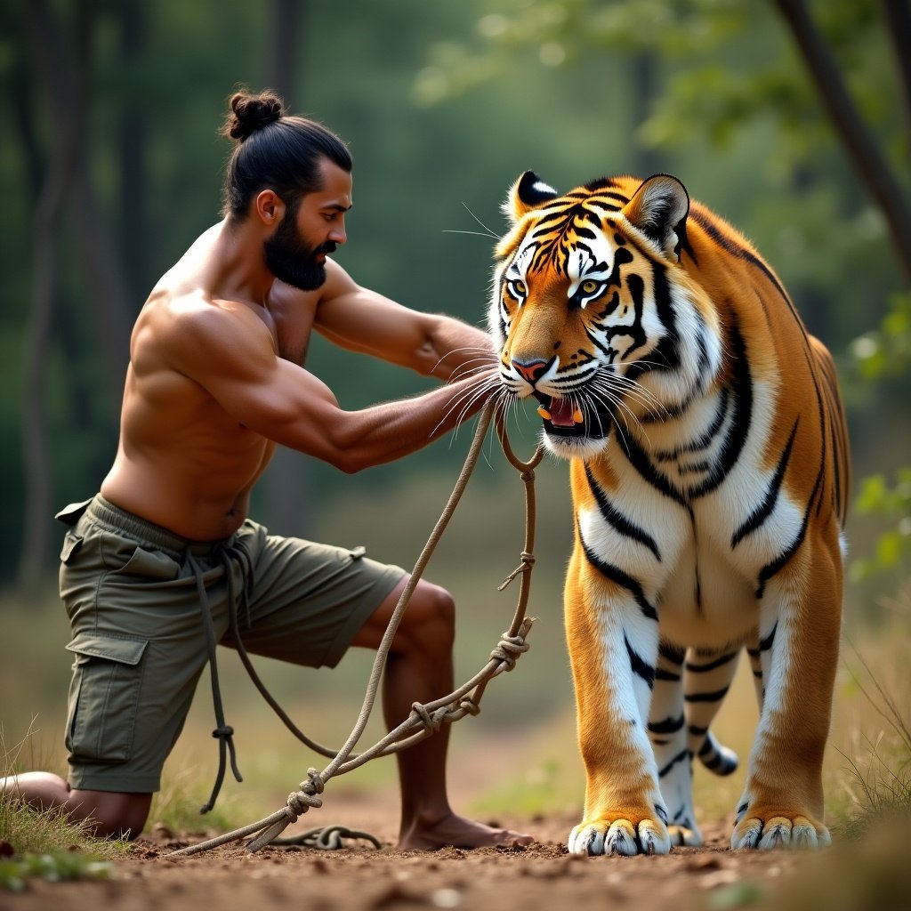 A man ties a tiger with a rope in a natural setting. The man is shirtless and athletic. The tiger looks powerful standing beside him. The scene is set in a lush green forest with natural lighting. The focus is on their interaction.