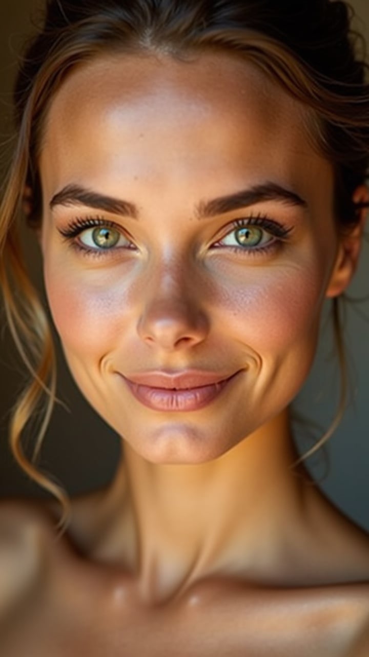 Close-up portrait of a beautiful young woman with striking green eyes. Soft, natural makeup enhances her features. Warm, soft lighting creates a serene atmosphere. Inviting expression showcases her natural beauty. Background is blurred to emphasize her features.