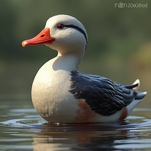 A beautifully crafted N7 duck figure swimming calmly on water with realistic colors and details.