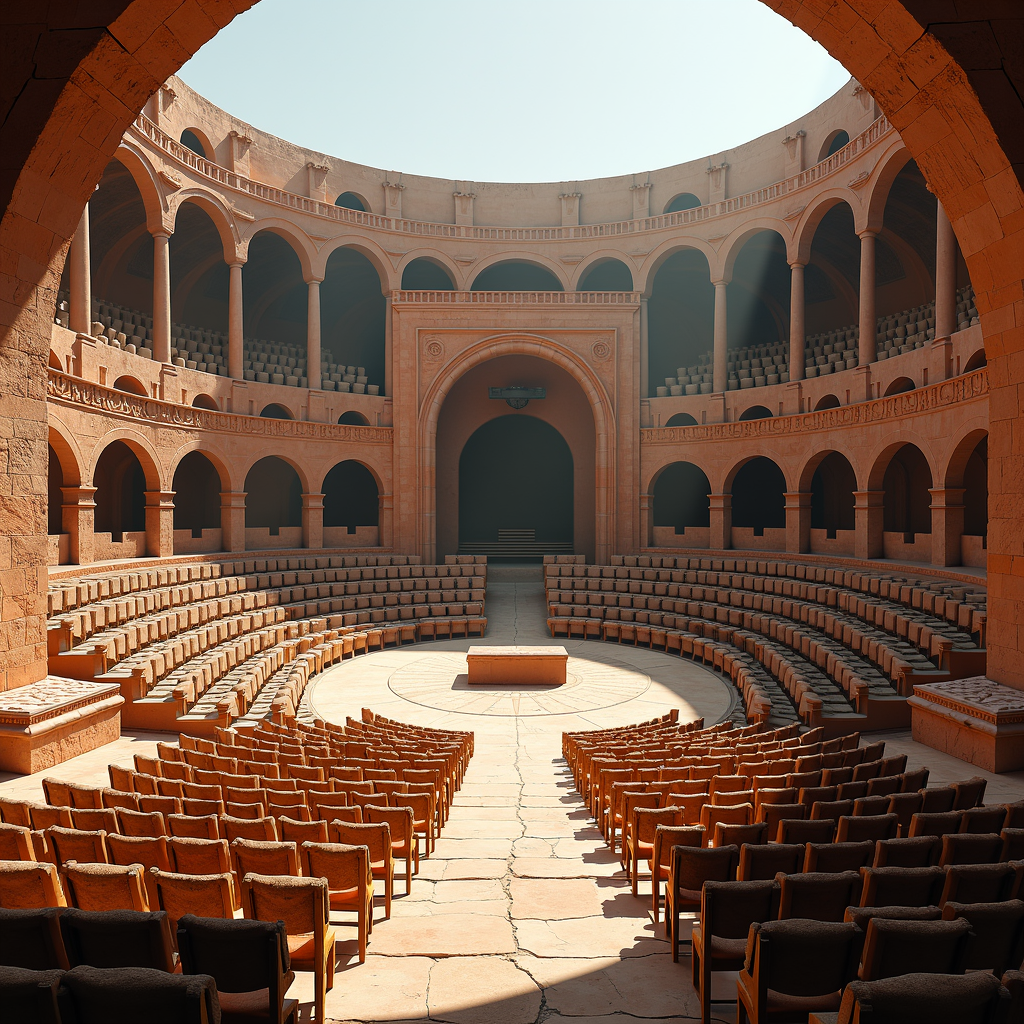 A sunlit circular amphitheater with tiered seating and stone arches.