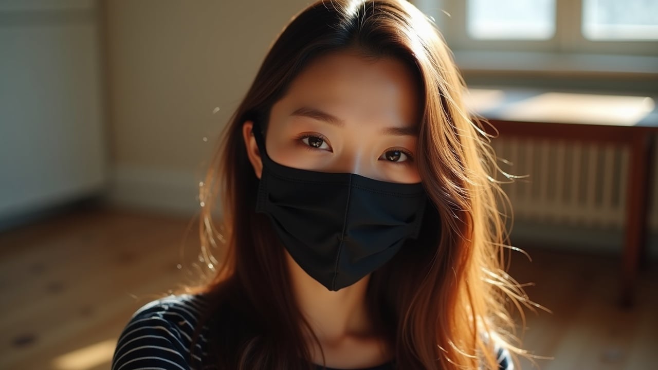 Young woman with long brown hair wearing dark striped top. Close-up portrait with soft focus. Natural light in a room with a window and wooden table. Warm golden tones, neutral expression, red lipstick, black medical mask. Ethereal beauty, out of focus background.