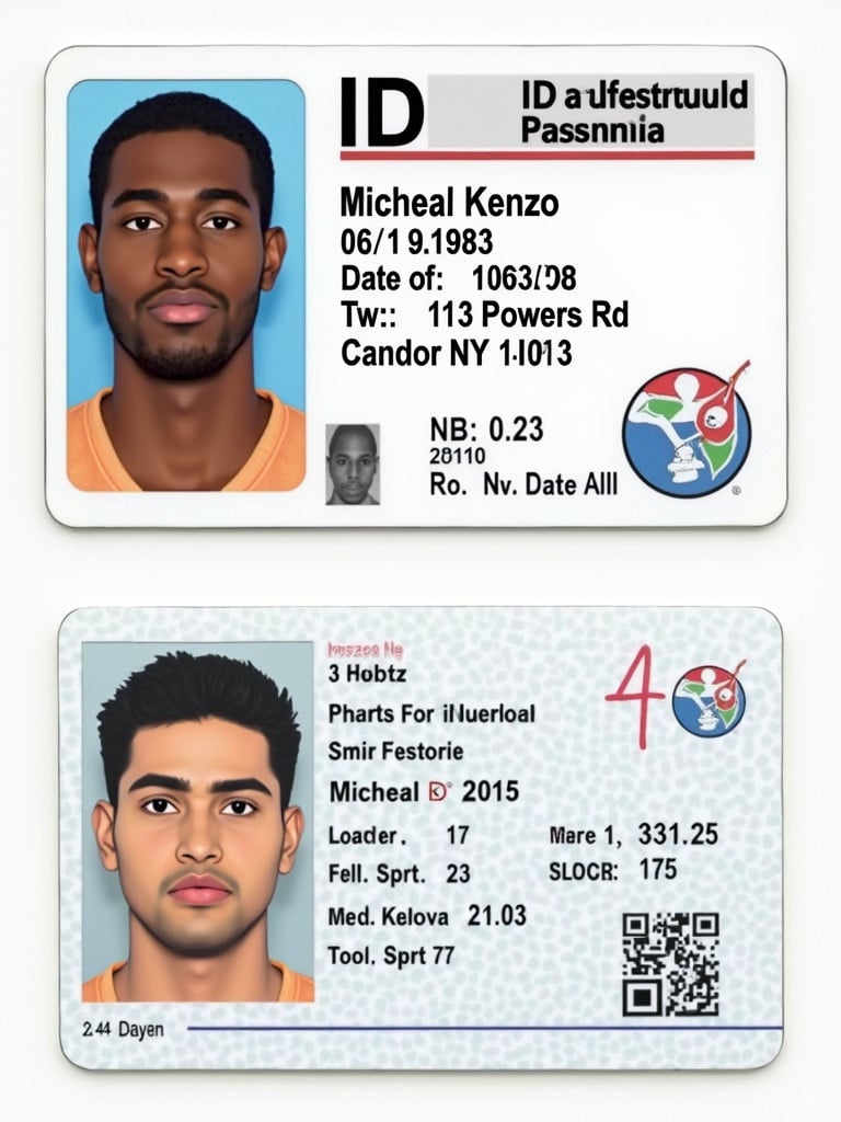 ID card design for Micheal Kenzo. Date of birth 06/19/1983. Address 113 Powers Rd Candor NY 13743. Elements for personal identification and security features. Layout shows front and back of ID card.